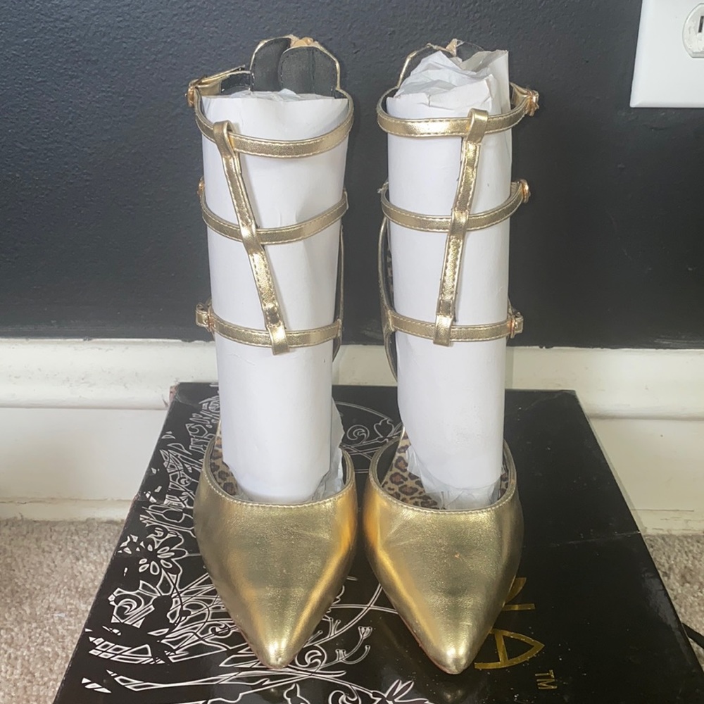Gold pointed toe heels
